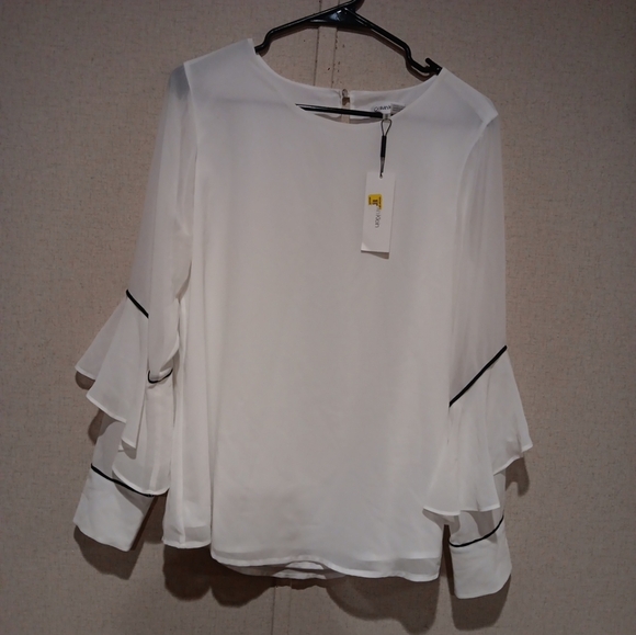 Calvin Klein Women's Ruffle Sleeve Blouse, White, Oversized Calvin Klein Pullove - Picture 2 of 7